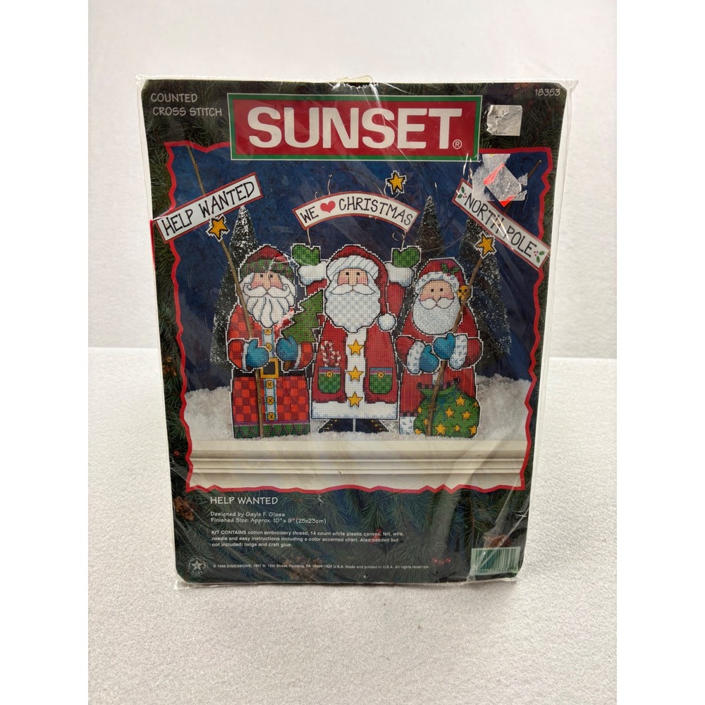 Vintage 1998 Sunset Counted Cross Stitch Kit "Help Wanted" Santa Trio 18353 - Picture 1 of 7